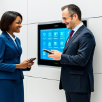 A diverse group of adult professionals, including a government official assisting a citizen. Both individuals are dressed in modest business suits and professional attire. Set in a modern, brightly lit government service center. The background features sleek digital kiosks, large interactive screens displaying simplified interfaces, and subtle futuristic architectural elements. The official gestures towards a screen, explaining a process, while the citizen looks on with a positive, engaged expression, holding a smartphone showing a government app. The scene conveys efficiency, accessibility, and user-friendliness. Professional photography, high resolution, detailed, perfect anatomy, correct proportions, natural pose, well-formed hands, proper finger count, natural body proportions, fully clothed, appropriate attire, modest clothing, professional dress, safe for work, appropriate content, family-friendly.