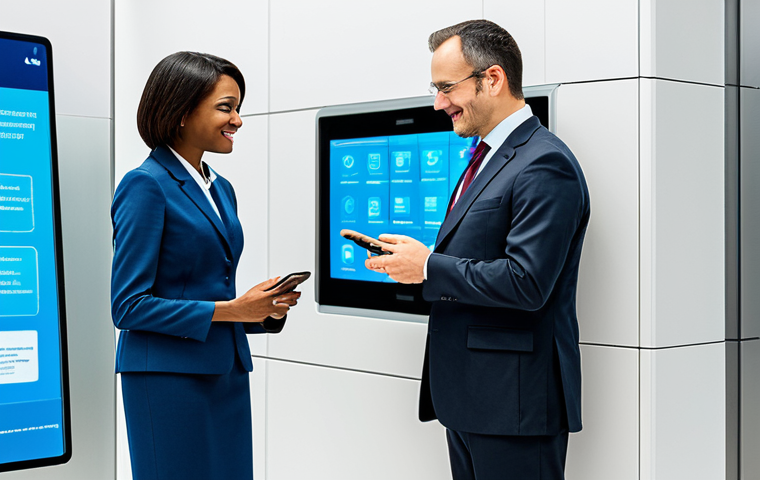 A diverse group of adult professionals, including a government official assisting a citizen. Both individuals are dressed in modest business suits and professional attire. Set in a modern, brightly lit government service center. The background features sleek digital kiosks, large interactive screens displaying simplified interfaces, and subtle futuristic architectural elements. The official gestures towards a screen, explaining a process, while the citizen looks on with a positive, engaged expression, holding a smartphone showing a government app. The scene conveys efficiency, accessibility, and user-friendliness. Professional photography, high resolution, detailed, perfect anatomy, correct proportions, natural pose, well-formed hands, proper finger count, natural body proportions, fully clothed, appropriate attire, modest clothing, professional dress, safe for work, appropriate content, family-friendly.